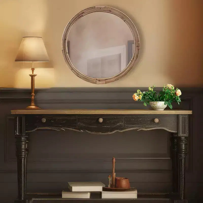 Miroir mural rond en rotin naturel