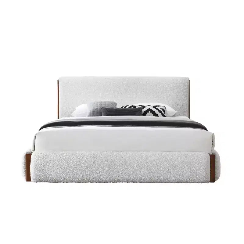 Lit queen en velours blanc et noyer