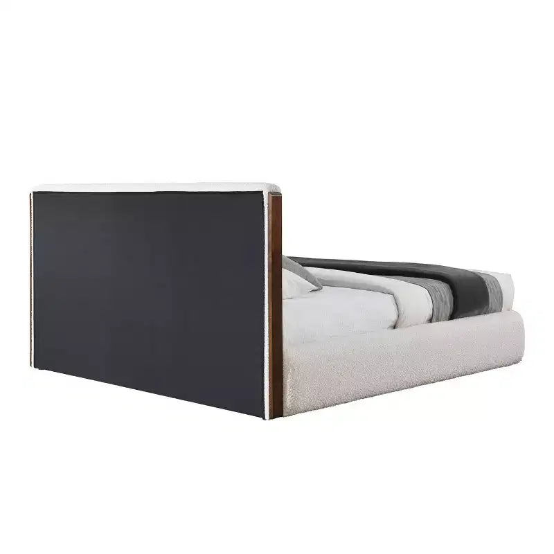 Lit queen en velours blanc et noyer