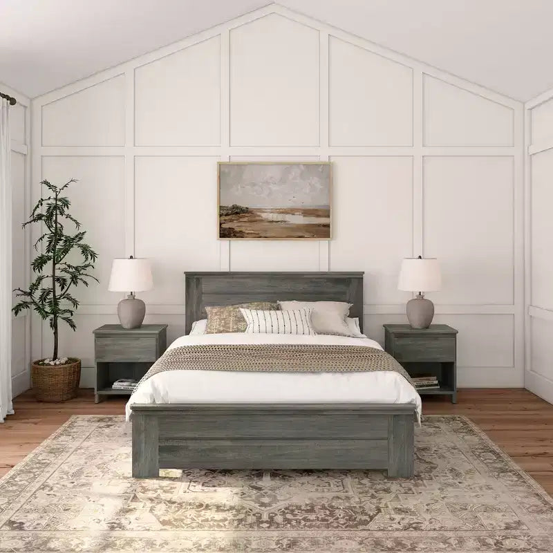 Lit queen de style rustique, lit plateforme en bois massif