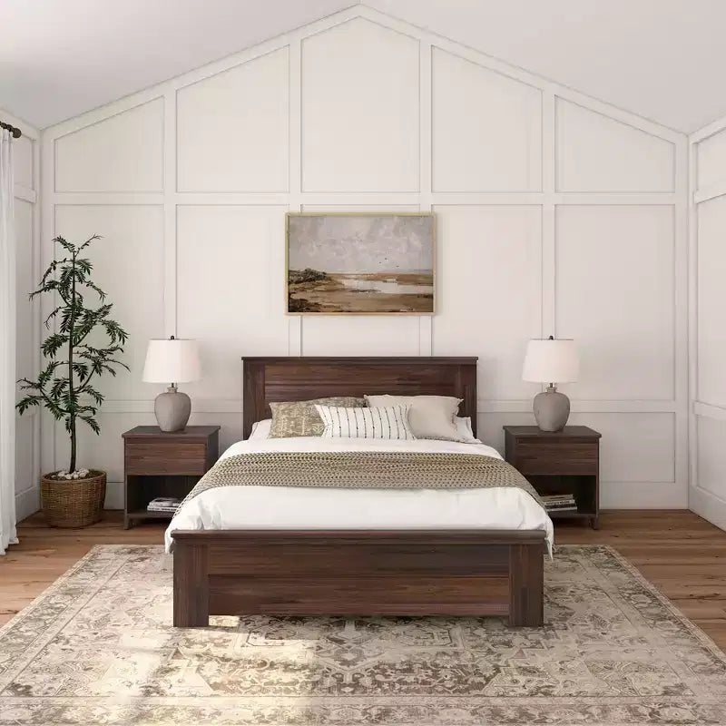Lit queen de style rustique, lit plateforme en bois massif