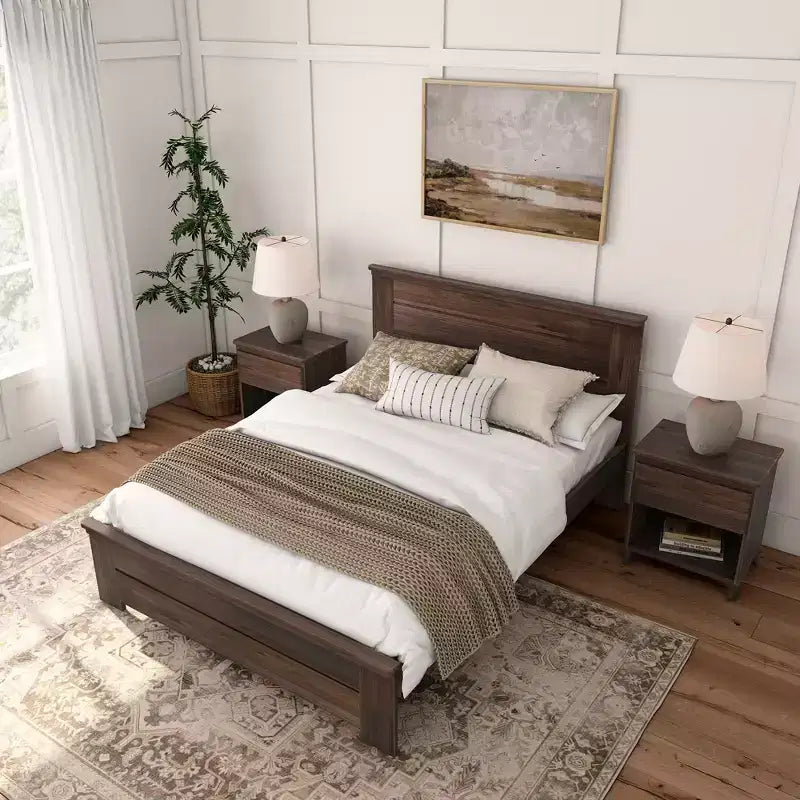 Lit queen de style rustique, lit plateforme en bois massif
