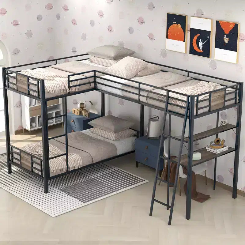Lit superposé en L avec lit simple mezzanine