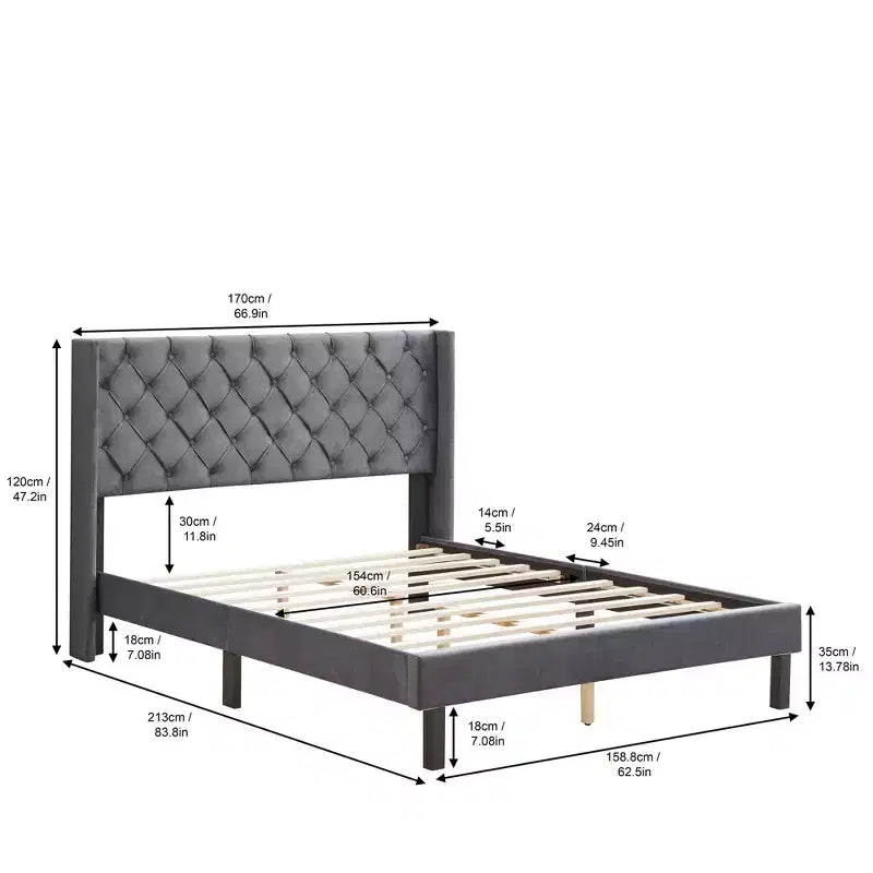 Lit plateforme capitonné en velours gris grand format