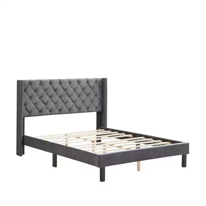 Lit plateforme capitonné en velours gris grand format