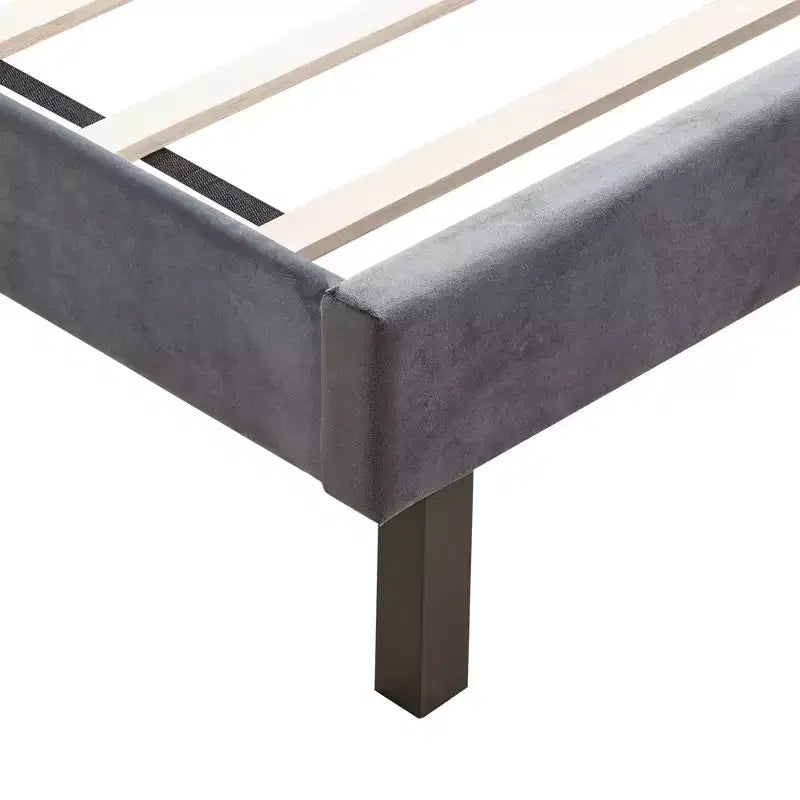 Lit plateforme capitonné en velours gris grand format