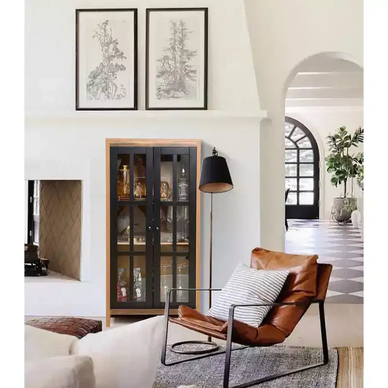Farmhouse-style glass door storage cabinet