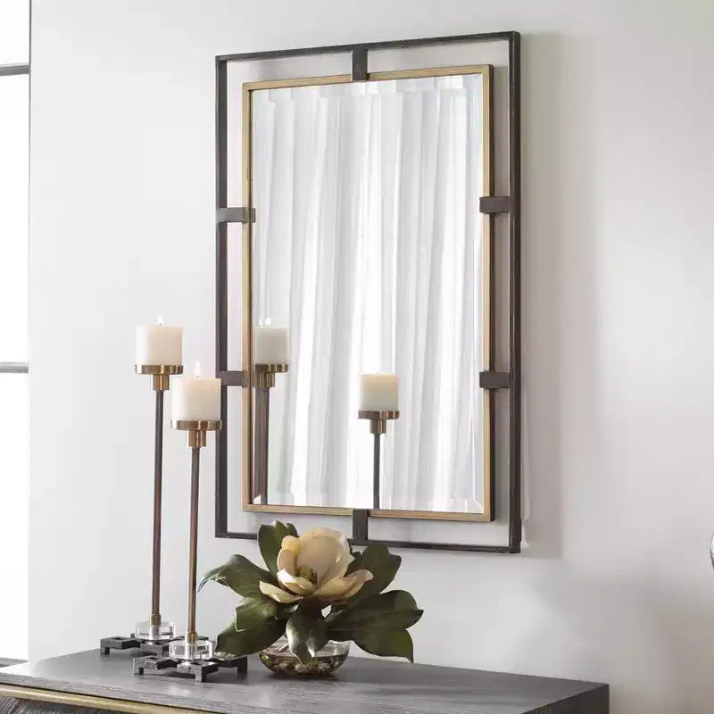 Miroir mural rectangulaire en bronze antique