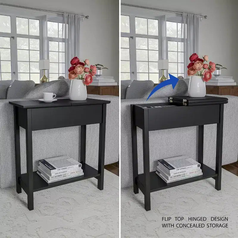 Table d'appoint étroite avec compartiment de rangement et étagère