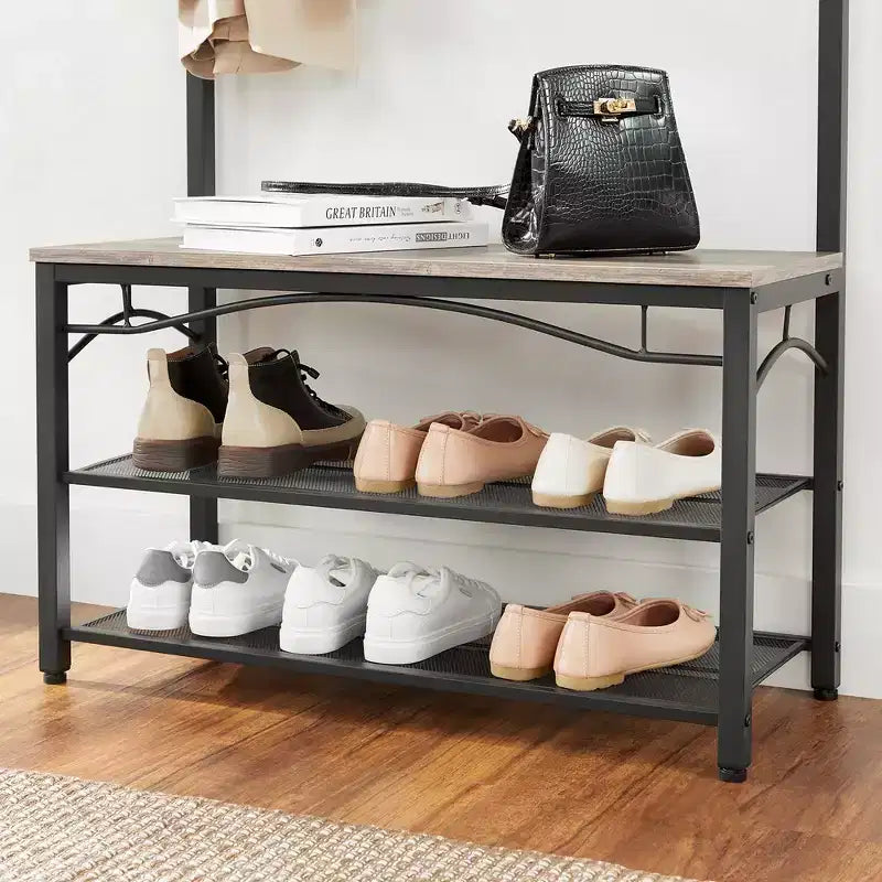 Banc à chaussures à trois niveaux et étagère de rangement