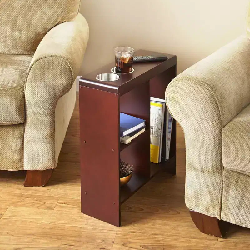 Table d'appoint fine avec porte-boissons et étagères intégrées